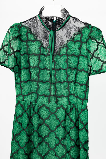Sandro Ritta Green Contrast-Panel Floral-Lace Tie-Neck Dress