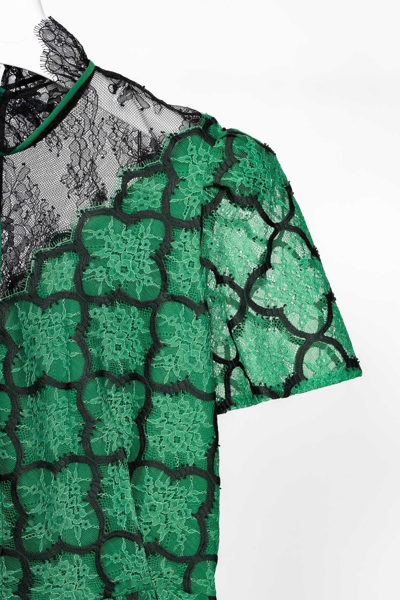 Sandro Ritta Green Contrast-Panel Floral-Lace Tie-Neck Dress