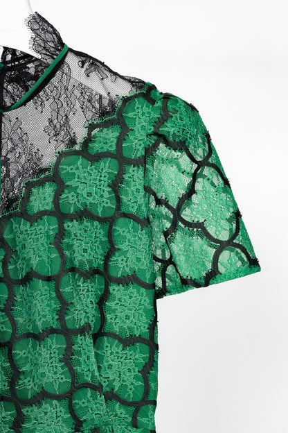 Sandro Ritta Green Contrast-Panel Floral-Lace Tie-Neck Dress