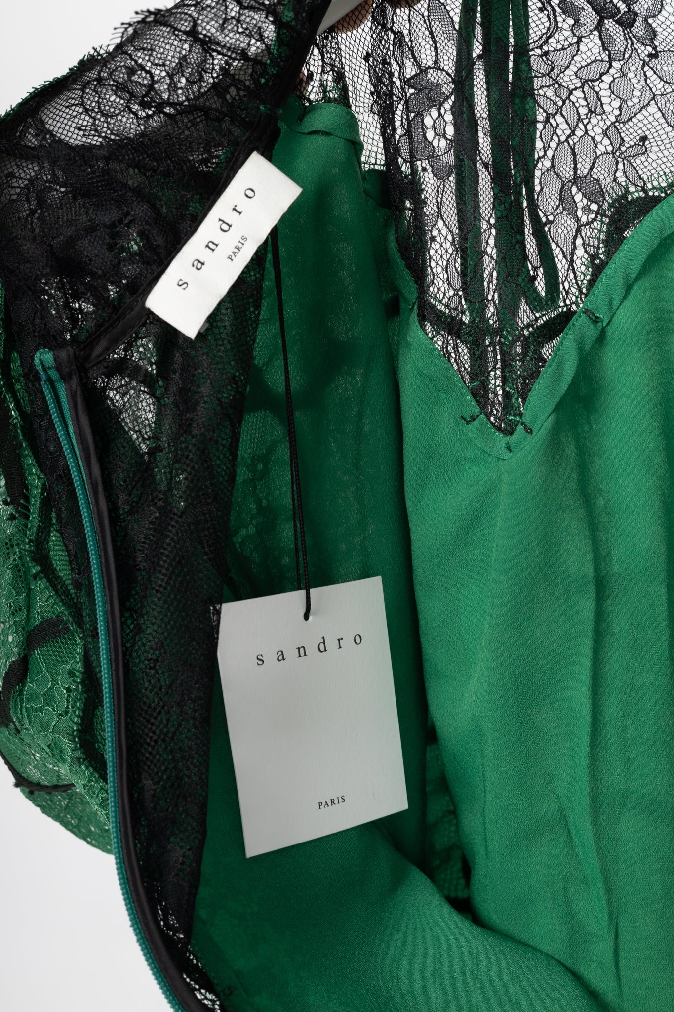 Sandro Ritta Green Contrast-Panel Floral-Lace Tie-Neck Dress