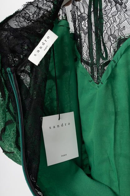 Sandro Ritta Green Contrast-Panel Floral-Lace Tie-Neck Dress