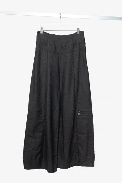 Sarah Pacini Charcoal Coated-Linen Wide-Leg Pants