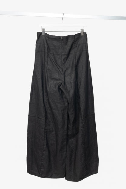 Sarah Pacini Charcoal Coated-Linen Wide-Leg Pants