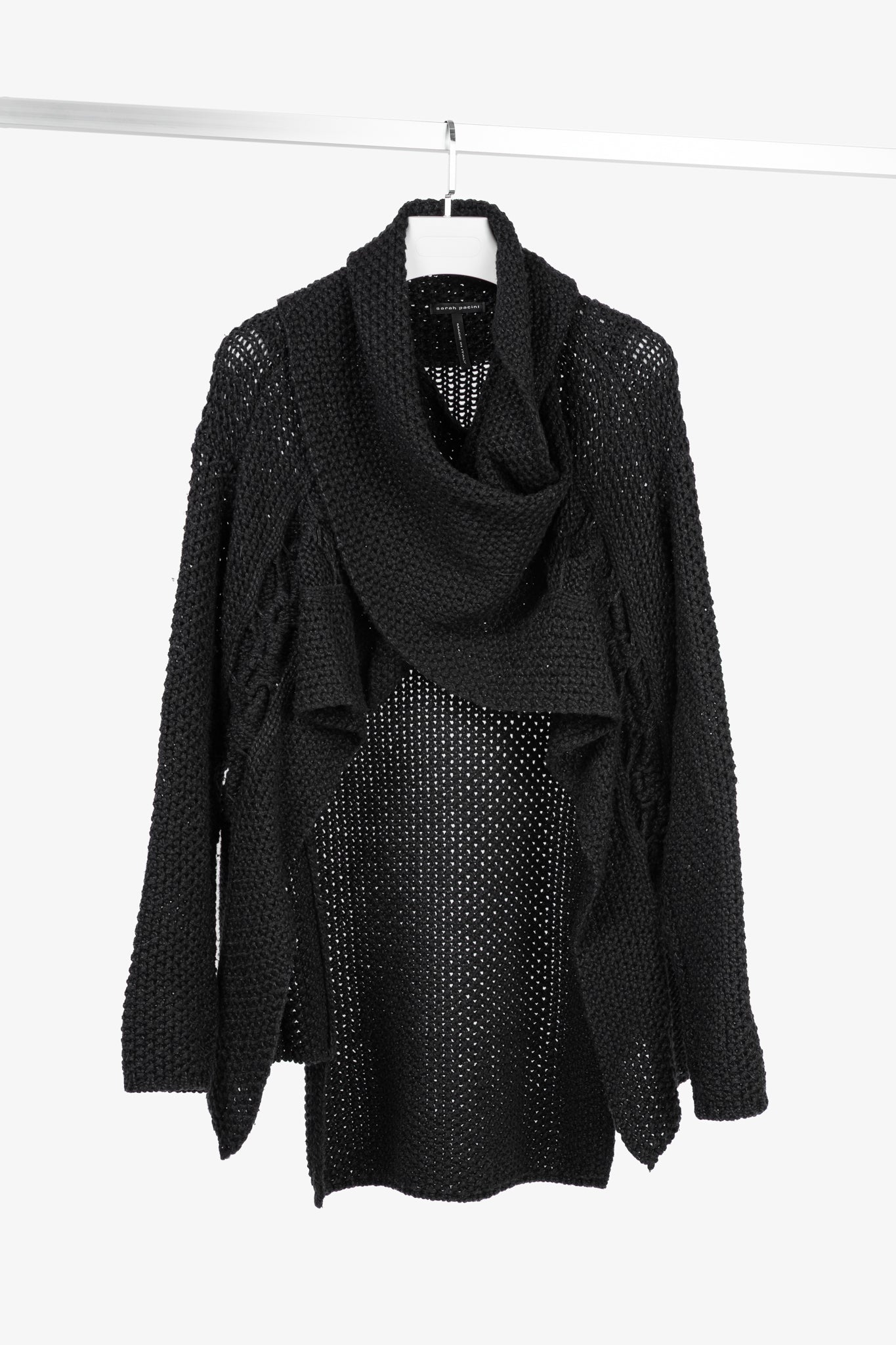 Sarah Pacini Black Wool-Blend Cable-Knit Crossover Cowl-Neck Sweater
