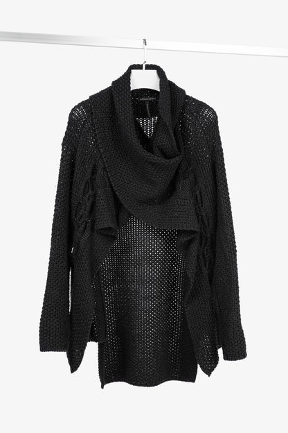 Sarah Pacini Black Wool-Blend Cable-Knit Crossover Cowl-Neck Sweater