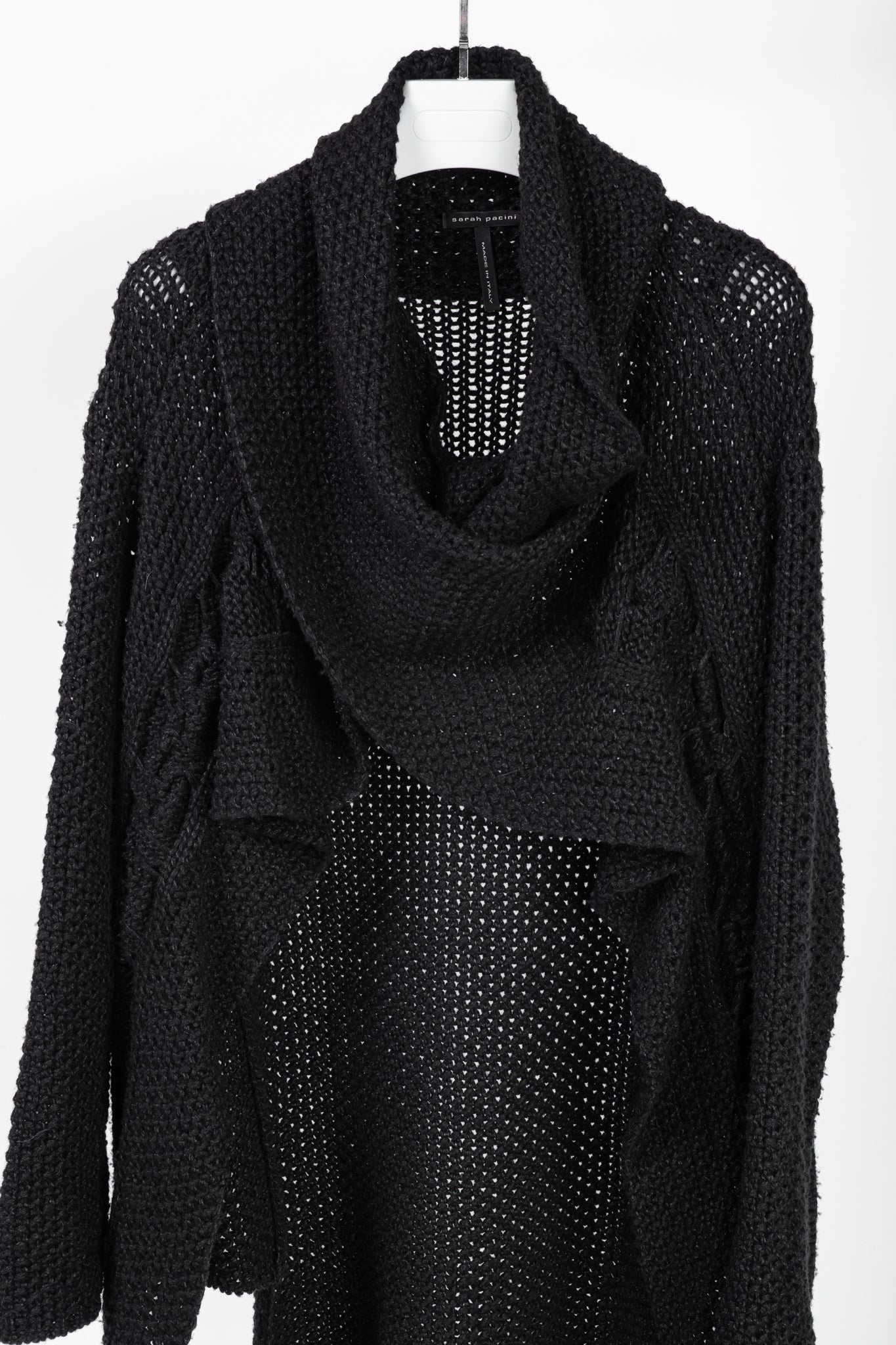 Sarah Pacini Black Wool-Blend Cable-Knit Crossover Cowl-Neck Sweater