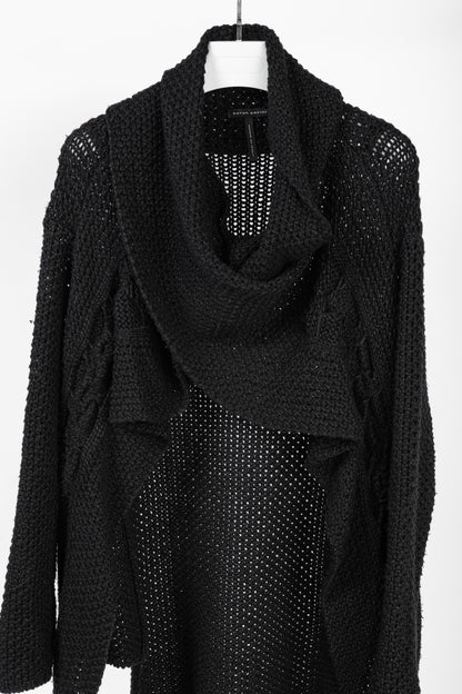 Sarah Pacini Black Wool-Blend Cable-Knit Crossover Cowl-Neck Sweater