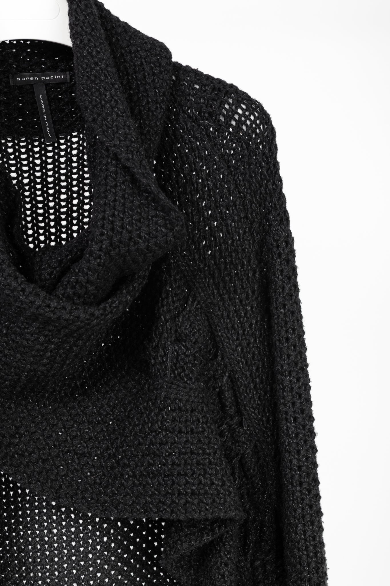 Sarah Pacini Black Wool-Blend Cable-Knit Crossover Cowl-Neck Sweater