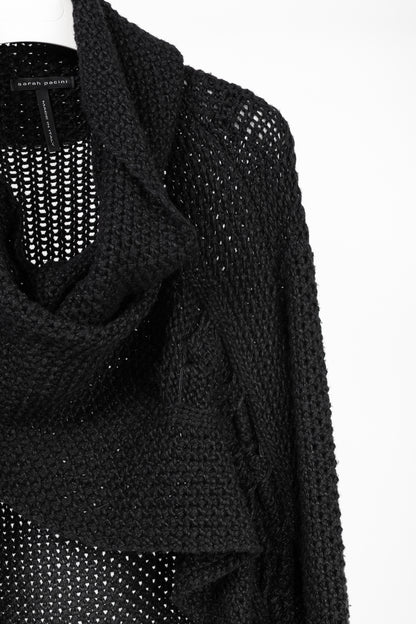 Sarah Pacini Black Wool-Blend Cable-Knit Crossover Cowl-Neck Sweater