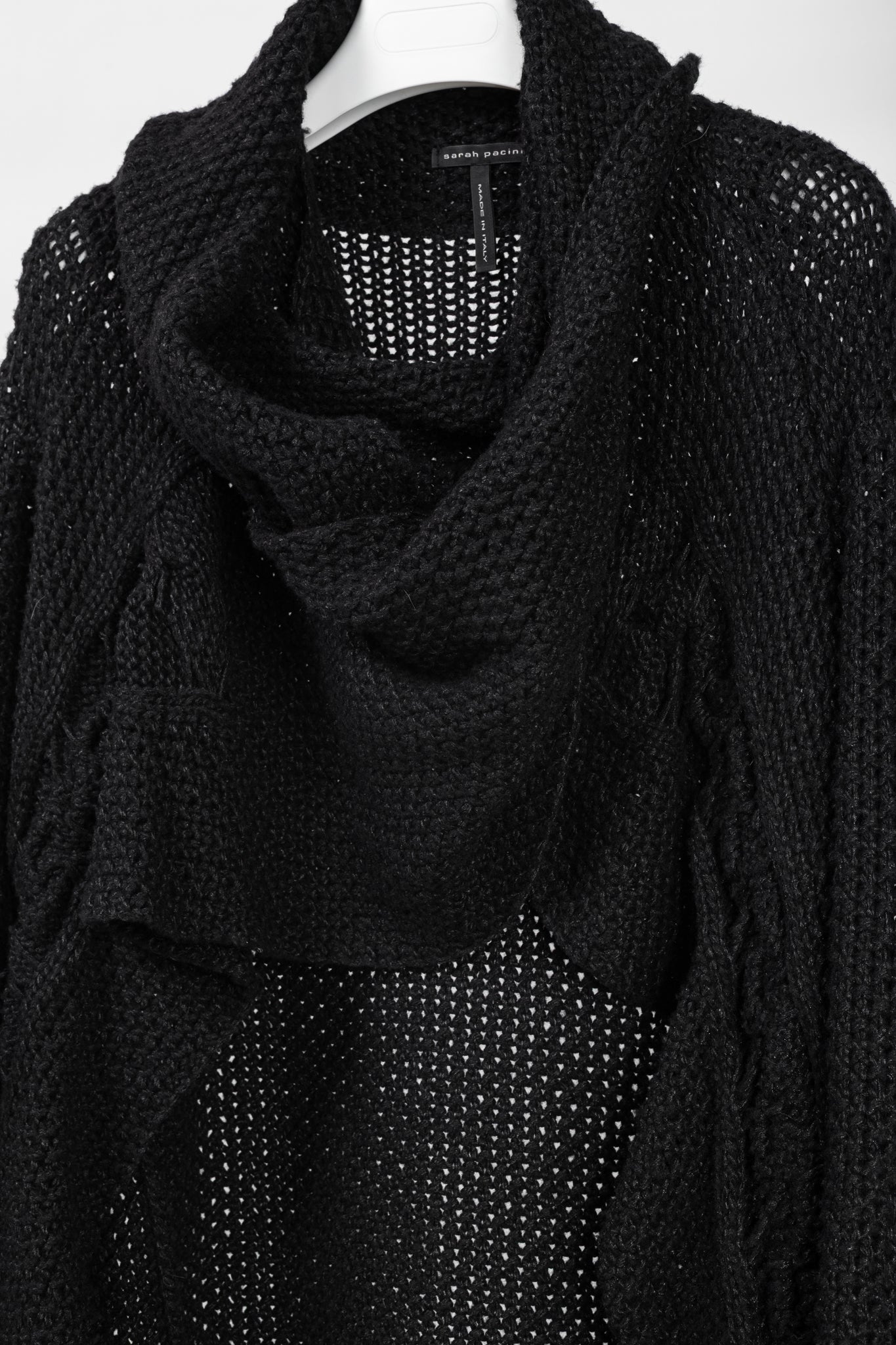 Sarah Pacini Black Wool-Blend Cable-Knit Crossover Cowl-Neck Sweater