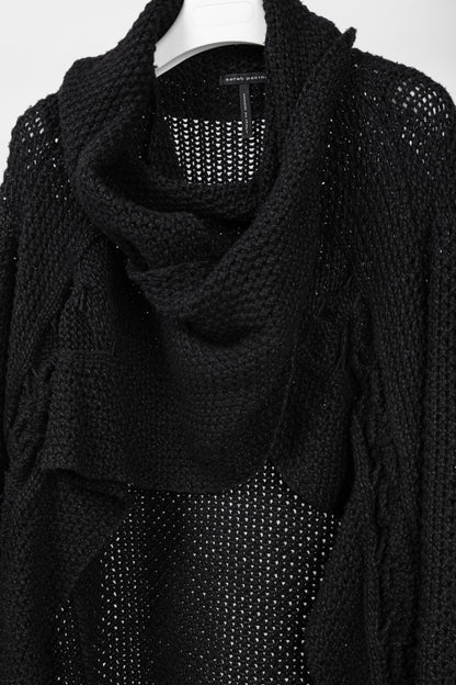 Sarah Pacini Black Wool-Blend Cable-Knit Crossover Cowl-Neck Sweater