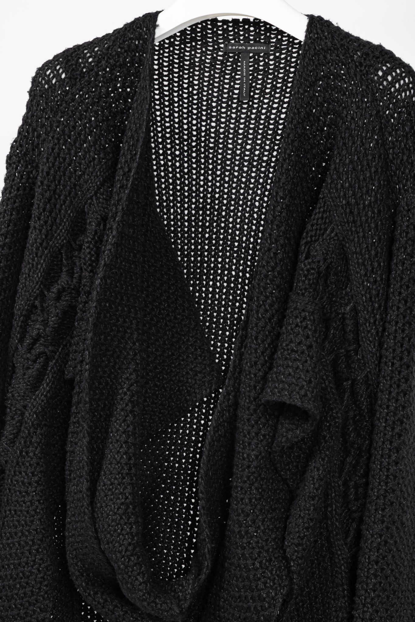 Sarah Pacini Black Wool-Blend Cable-Knit Crossover Cowl-Neck Sweater