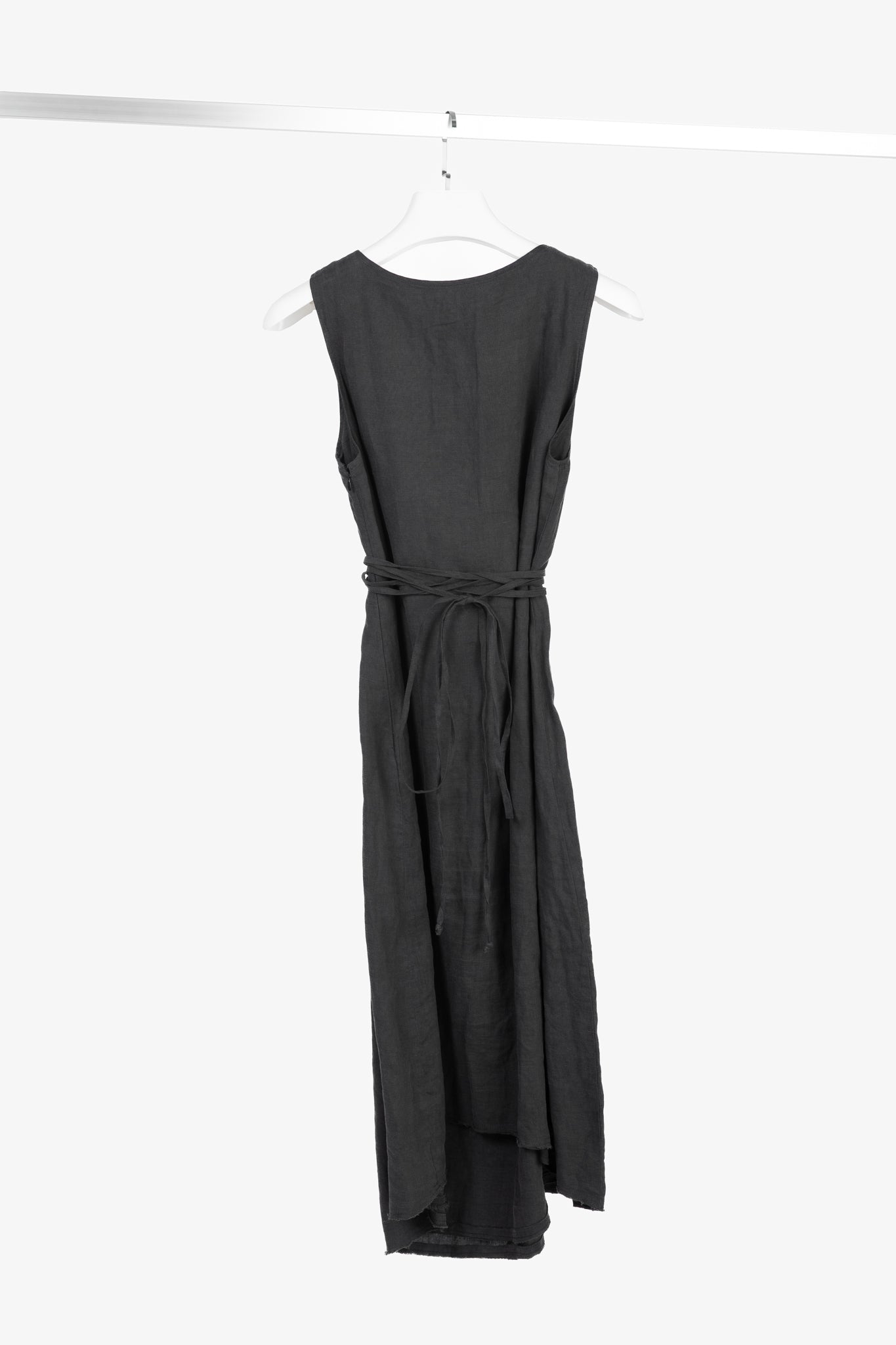 Sarah Pacini Grey Linen Tie-Waist Sleeveless Midi Dress