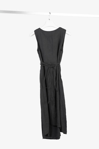 Sarah Pacini Grey Linen Tie-Waist Sleeveless Midi Dress