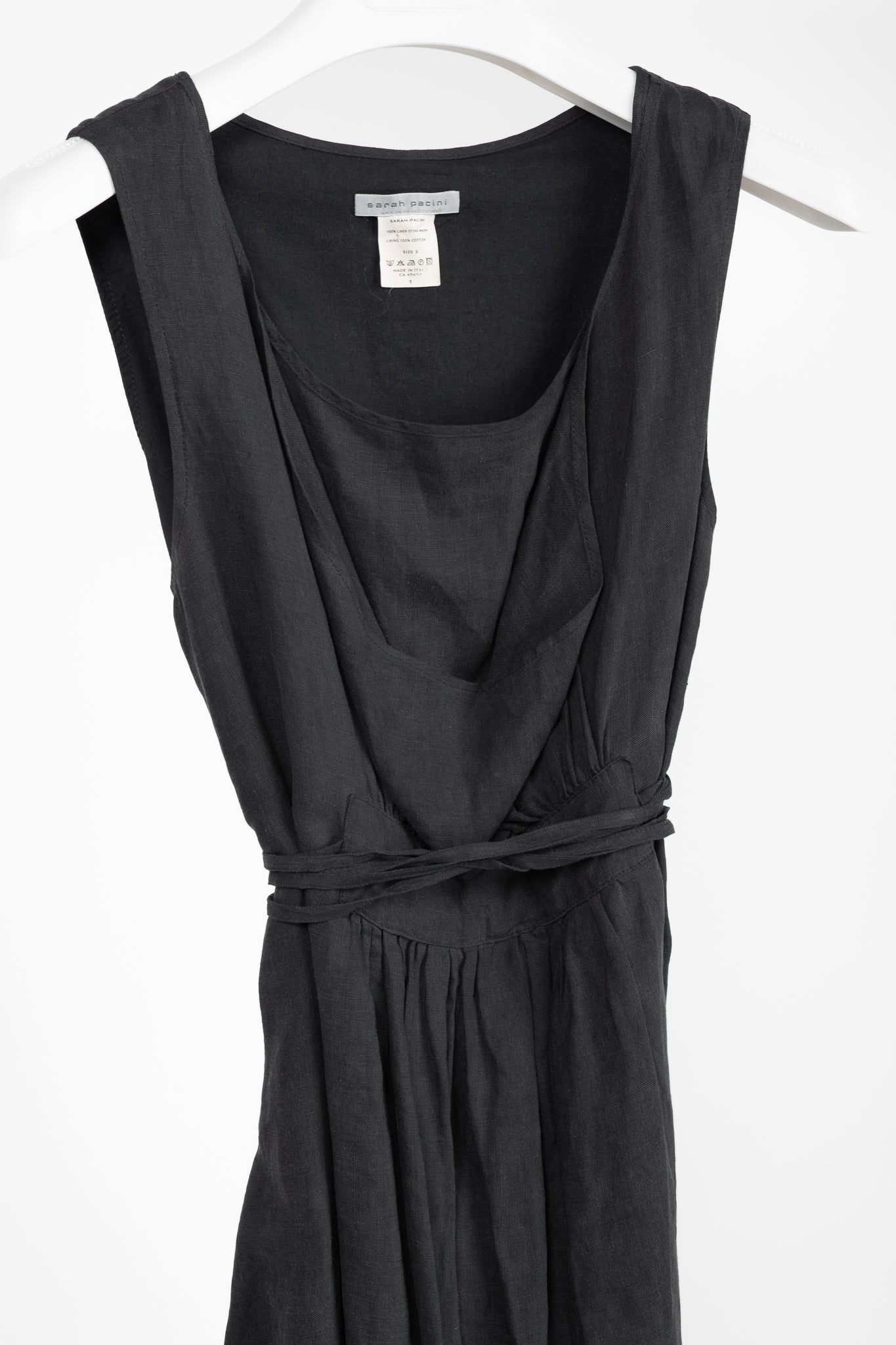 Sarah Pacini Grey Linen Tie-Waist Sleeveless Midi Dress