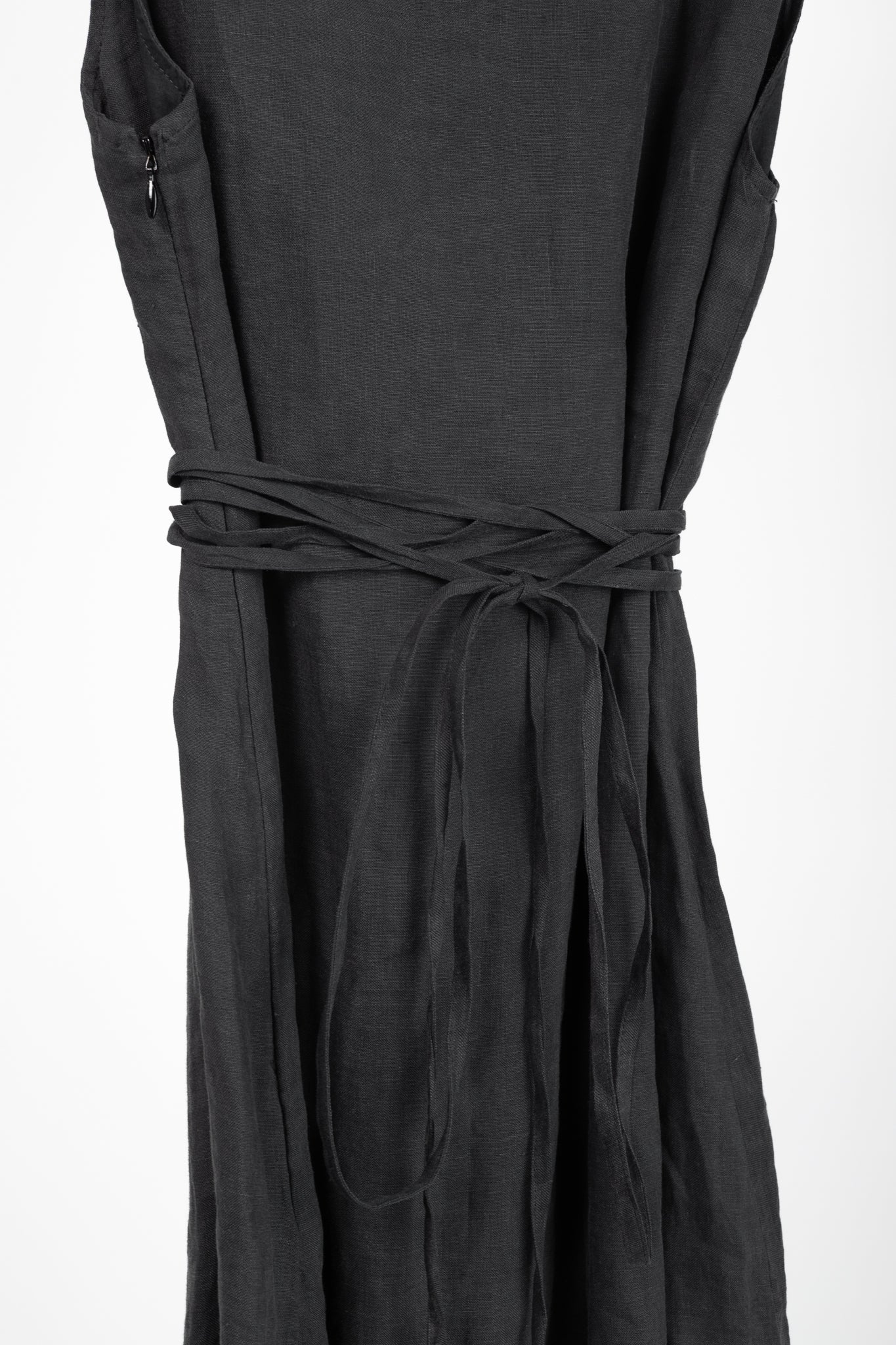 Sarah Pacini Grey Linen Tie-Waist Sleeveless Midi Dress