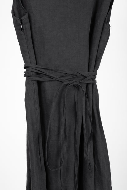 Sarah Pacini Grey Linen Tie-Waist Sleeveless Midi Dress