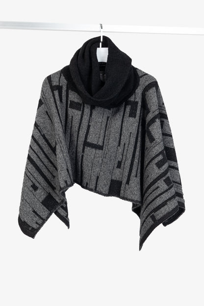 Sarah Pacini Grey & Black Geometric-Knit Cowl-Neck Poncho