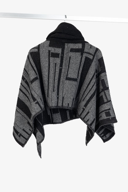 Sarah Pacini Grey & Black Geometric-Knit Cowl-Neck Poncho