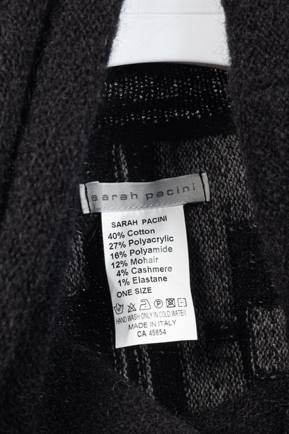 Sarah Pacini Grey & Black Geometric-Knit Cowl-Neck Poncho