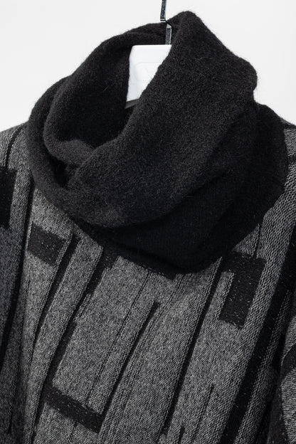 Sarah Pacini Grey & Black Geometric-Knit Cowl-Neck Poncho