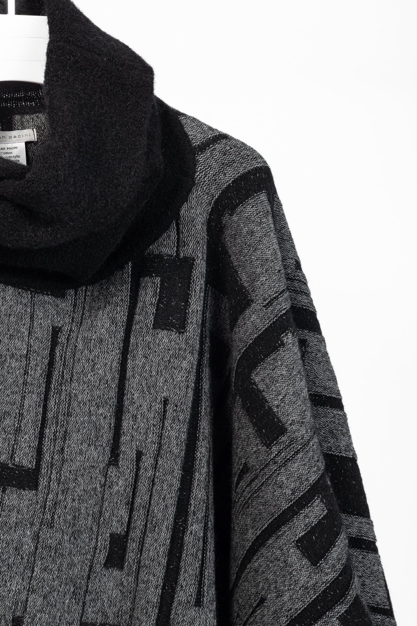 Sarah Pacini Grey & Black Geometric-Knit Cowl-Neck Poncho