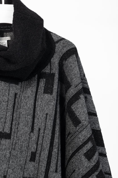 Sarah Pacini Grey & Black Geometric-Knit Cowl-Neck Poncho