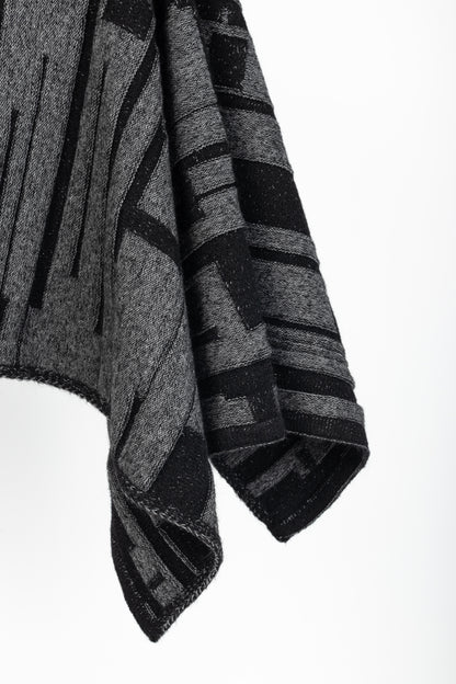 Sarah Pacini Grey & Black Geometric-Knit Cowl-Neck Poncho