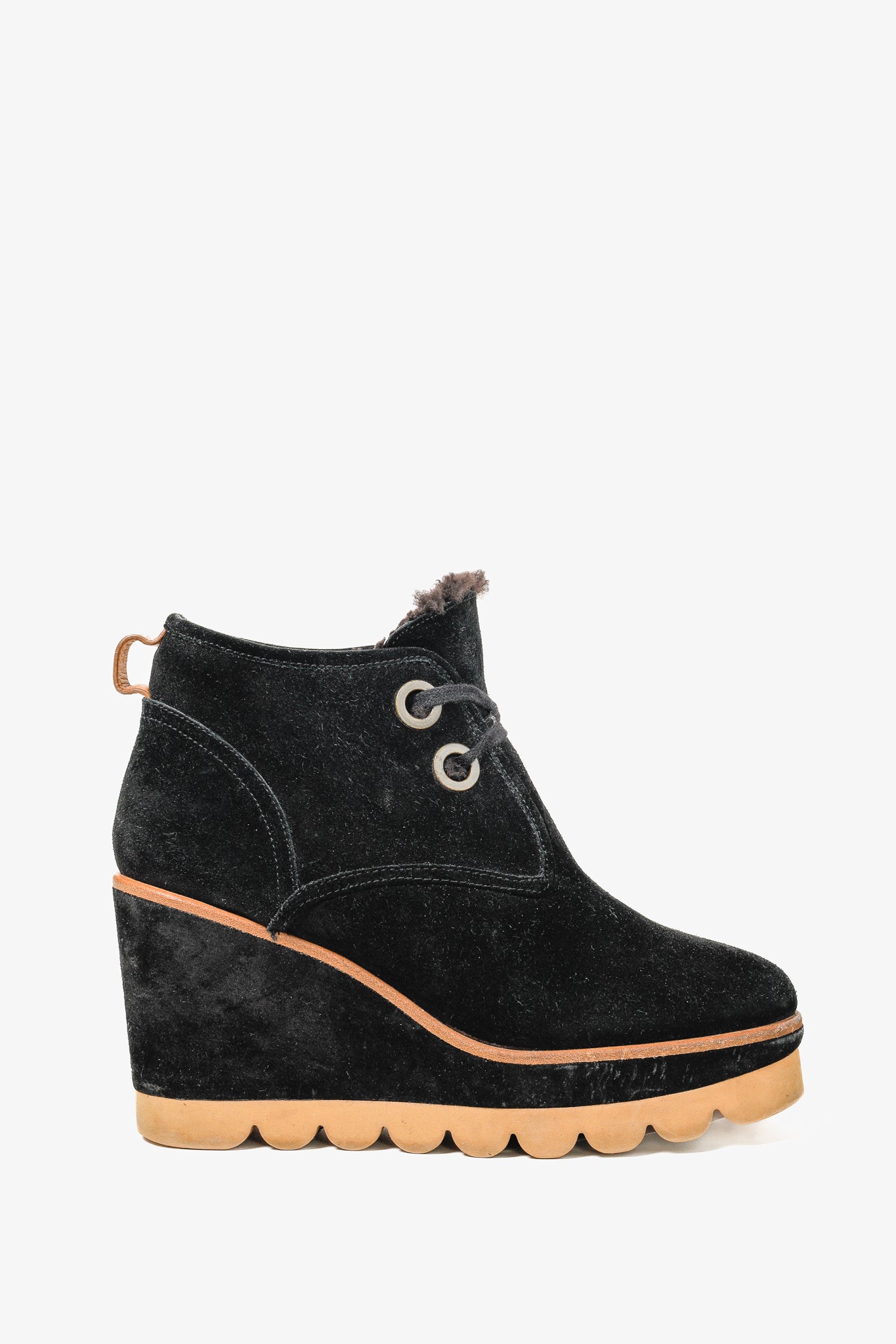 See by Chloe Ethel Black Shearling-Lined Suede Wedge Desert Booties