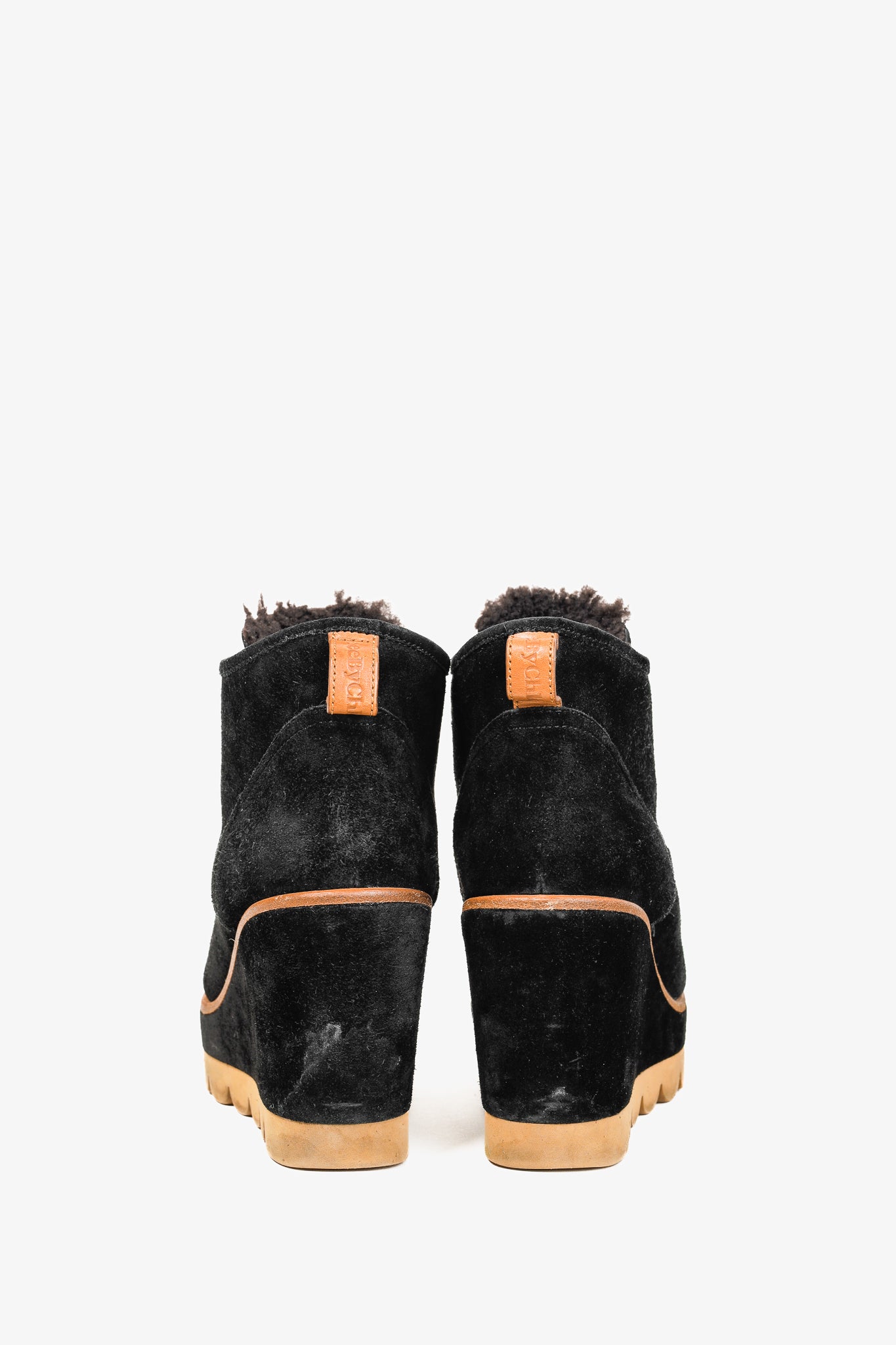 See by Chloe Ethel Black Shearling-Lined Suede Wedge Desert Booties