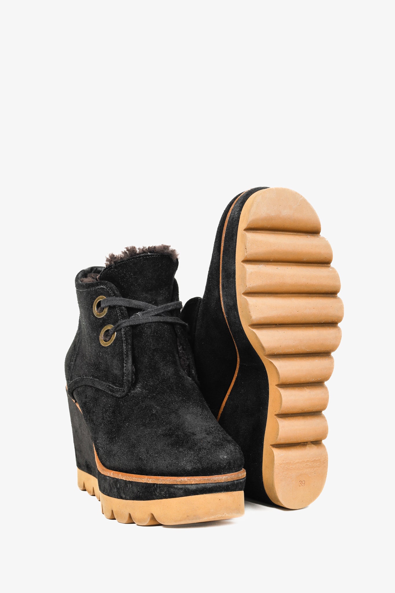 See by Chloe Ethel Black Shearling-Lined Suede Wedge Desert Booties