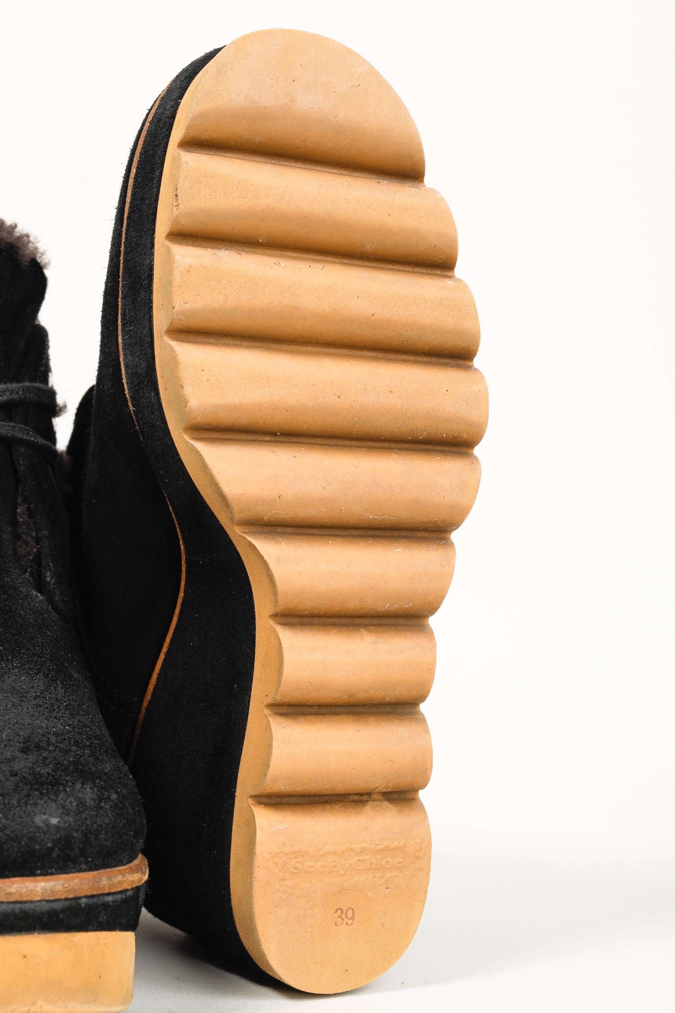 See by Chloe Ethel Black Shearling-Lined Suede Wedge Desert Booties