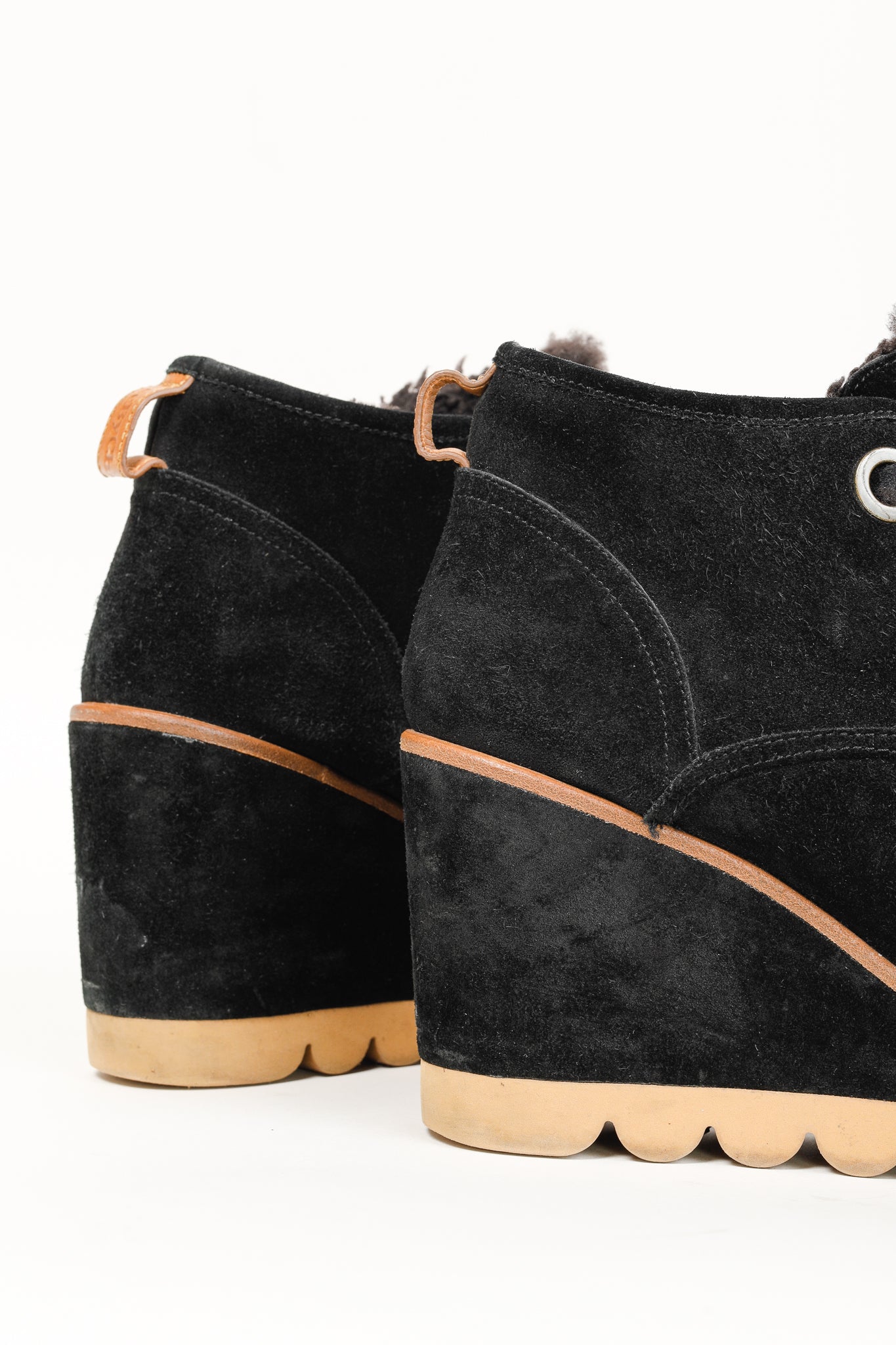 See by Chloe Ethel Black Shearling-Lined Suede Wedge Desert Booties