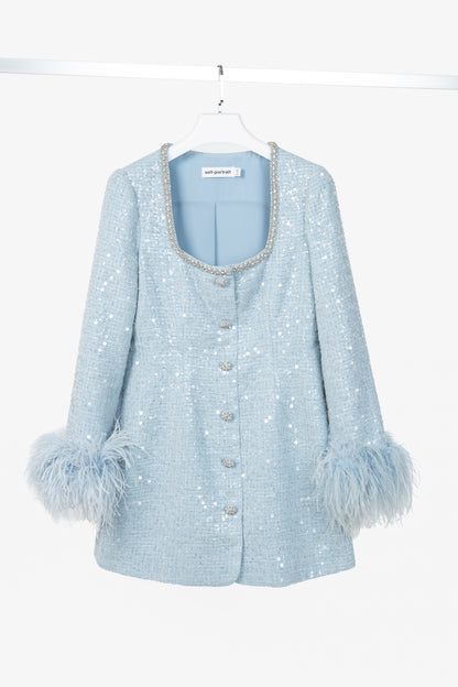 Self-Portrait SS24 Blue Sequin Boucle Feather Mini Dress