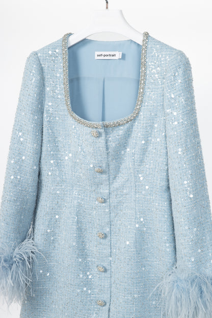 Self-Portrait SS24 Blue Sequin Boucle Feather Mini Dress