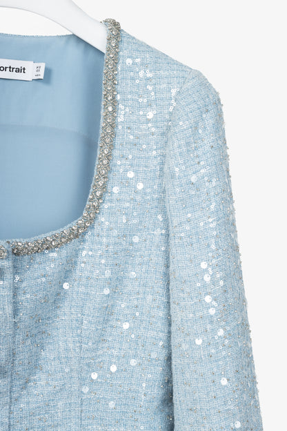 Self-Portrait SS24 Blue Sequin Boucle Feather Mini Dress