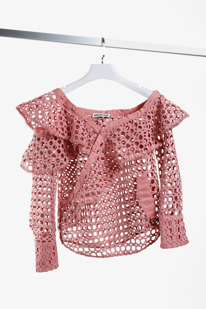 Self-Portrait Pink Guipure Lace One Shoulder Ruffled Top