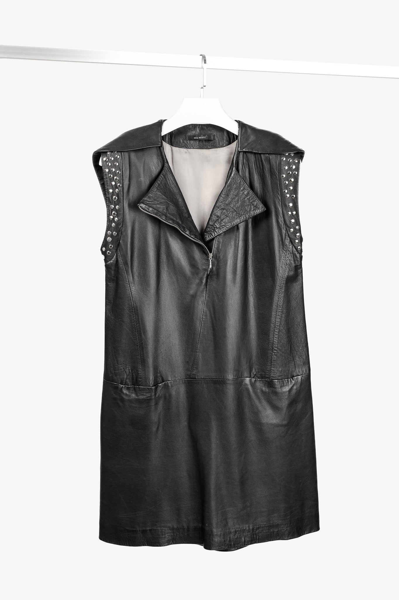 Sita Murt Black Leather Studded Sleeveless Mini Dress