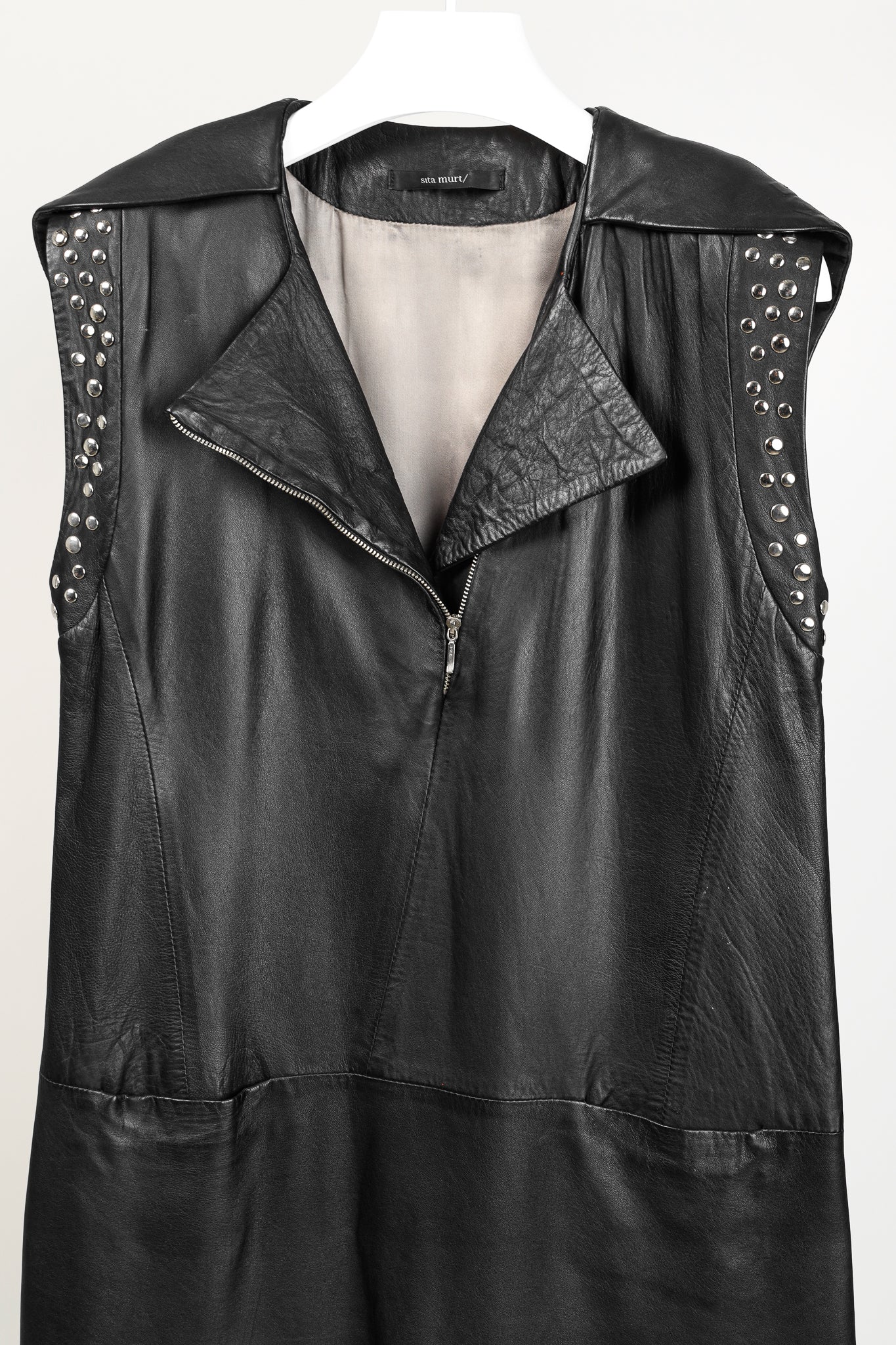 Sita Murt Black Leather Studded Sleeveless Mini Dress