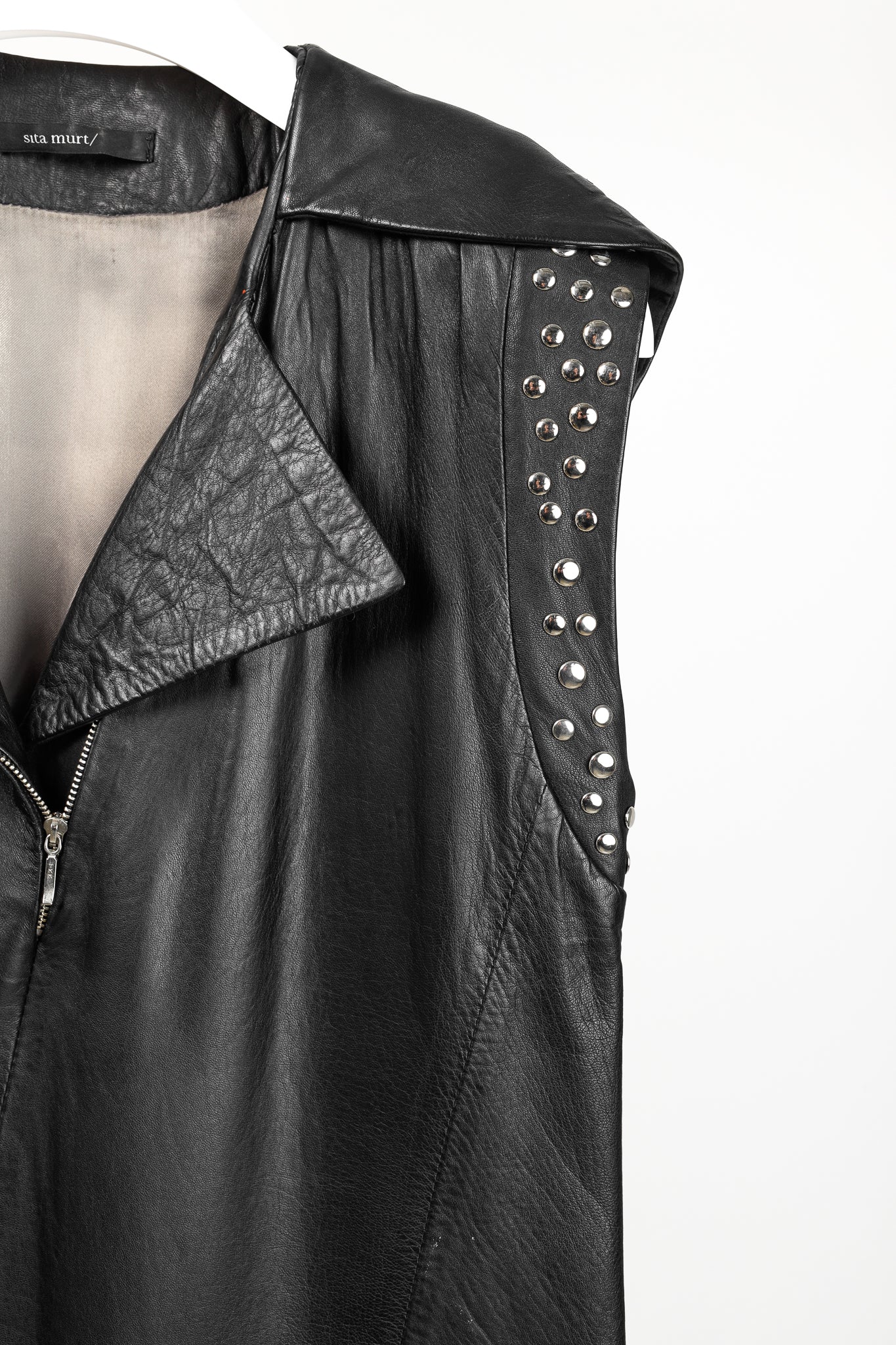 Sita Murt Black Leather Studded Sleeveless Mini Dress