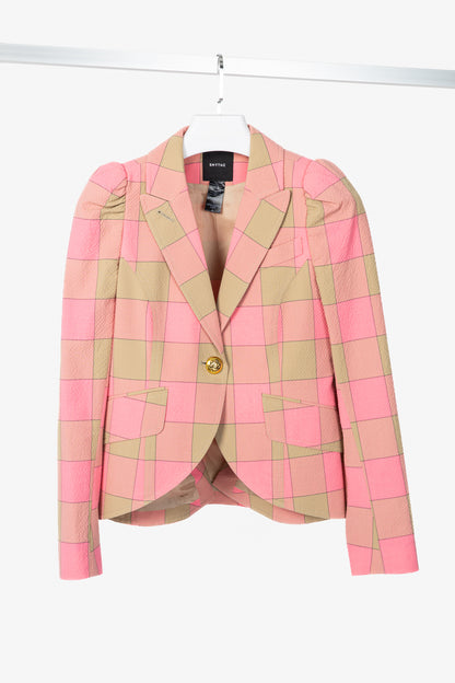Smythe Pink Check Seersucker Pouf Sleeve One Button Blazer