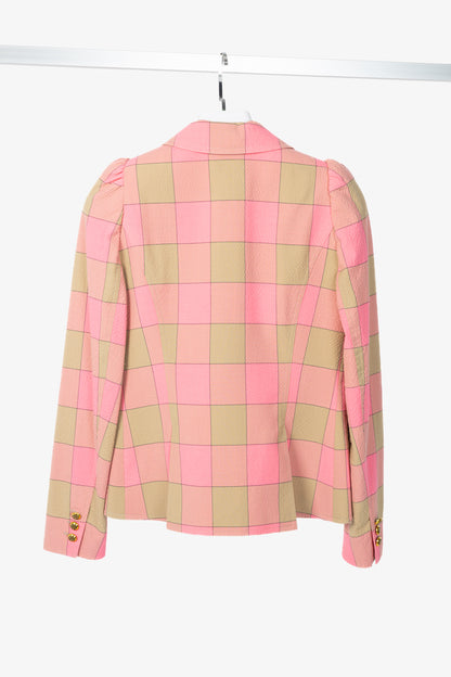 Smythe Pink Check Seersucker Pouf Sleeve One Button Blazer