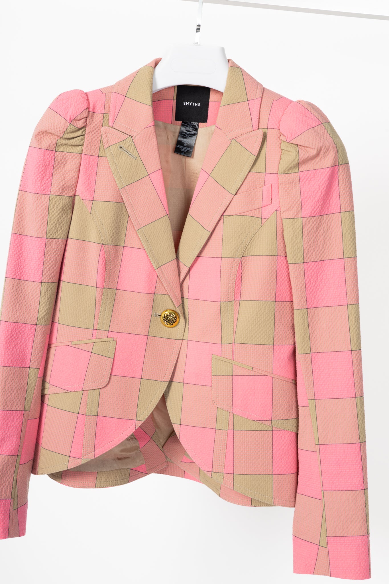 Smythe Pink Check Seersucker Pouf Sleeve One Button Blazer