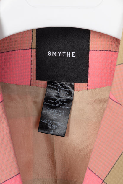 Smythe Pink Check Seersucker Pouf Sleeve One Button Blazer