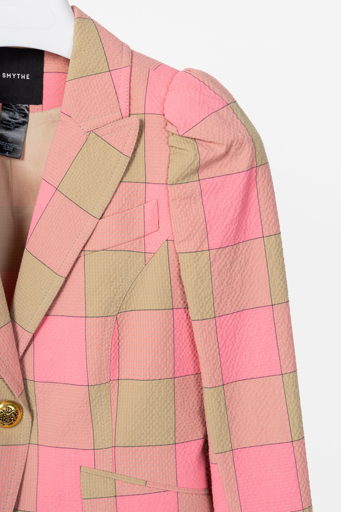 Smythe Pink Check Seersucker Pouf Sleeve One Button Blazer