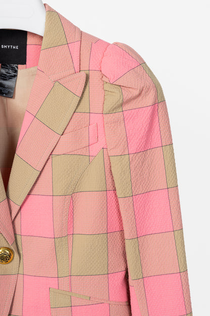Smythe Pink Check Seersucker Pouf Sleeve One Button Blazer