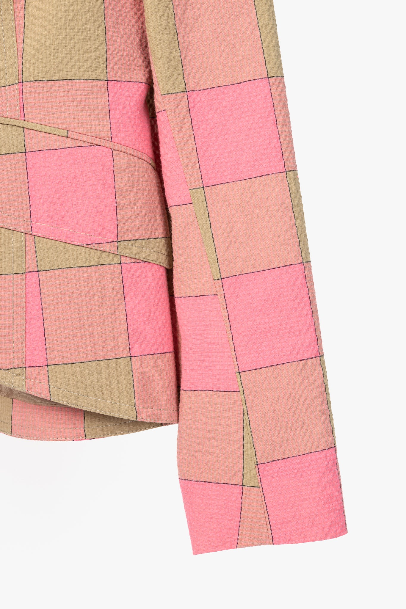 Smythe Pink Check Seersucker Pouf Sleeve One Button Blazer