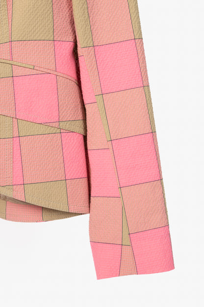 Smythe Pink Check Seersucker Pouf Sleeve One Button Blazer