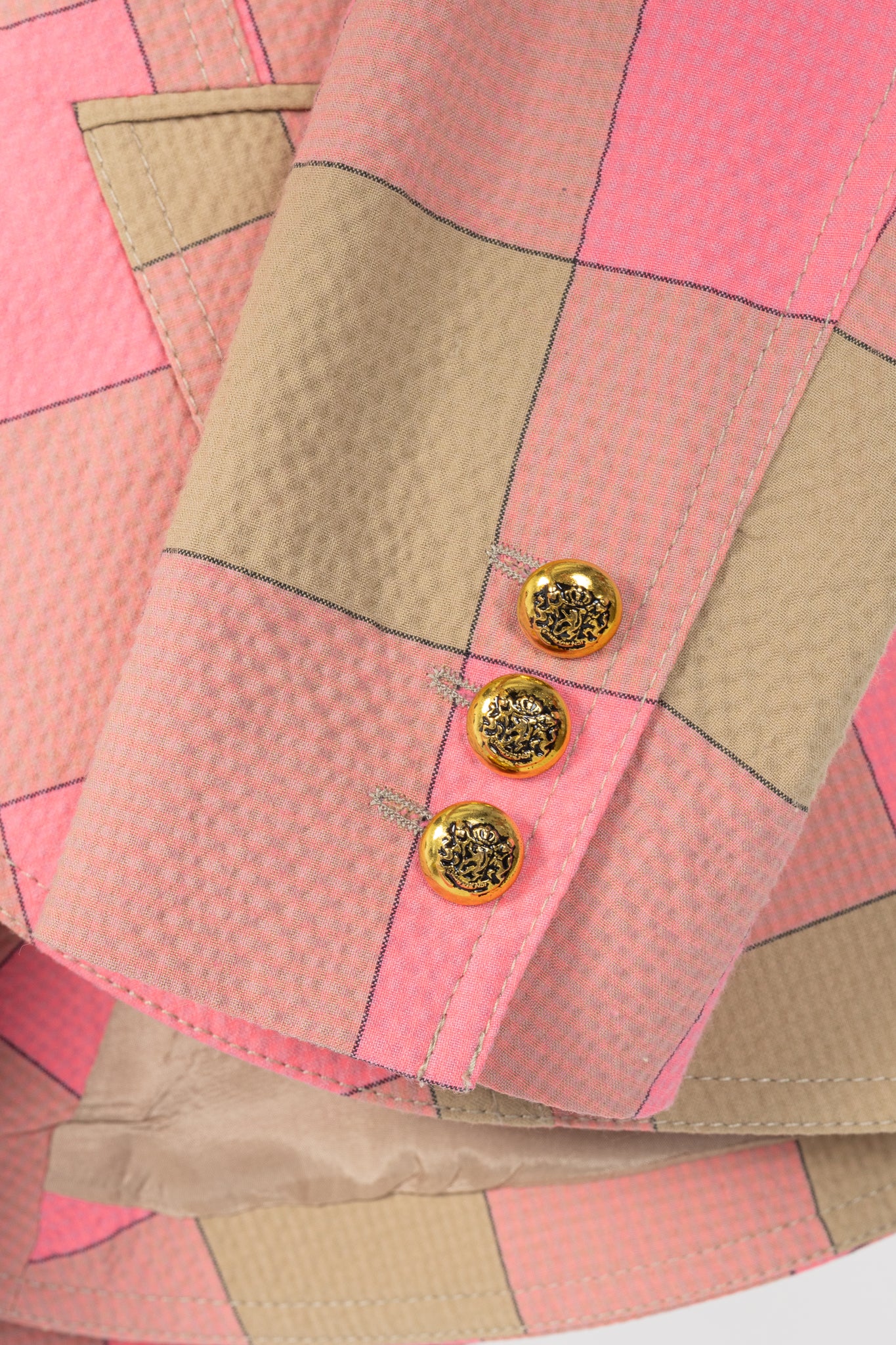 Smythe Pink Check Seersucker Pouf Sleeve One Button Blazer