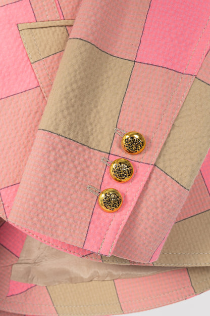 Smythe Pink Check Seersucker Pouf Sleeve One Button Blazer
